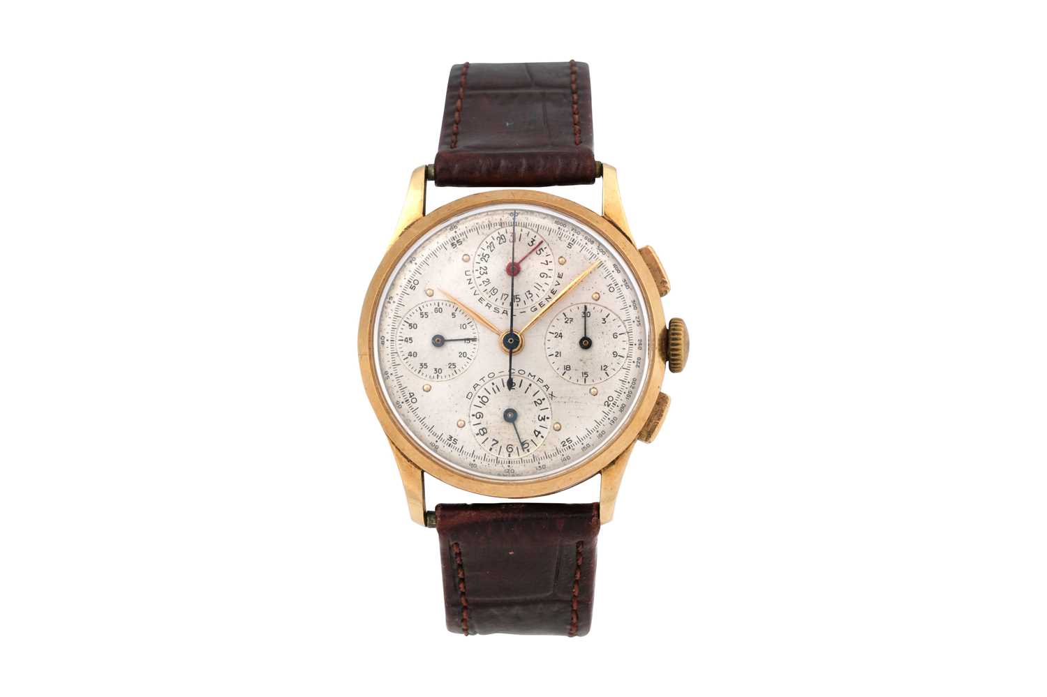 Lot 44 - A RARE MEN’S UNIVERSAL GENEVE 18K YELLOW GOLD MANUAL CALENDAR CHRONOGRAPH