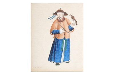 Lot 58 - A CHINESE RICE PAPER PAINTING OF A FALCONER
