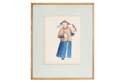 Lot 58 - A CHINESE RICE PAPER PAINTING OF A FALCONER