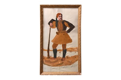 Lot 272 - A LARGE EMBROIDERED AND PAINTED STANDING PORTRAIT OF A GREEK EVZONOS
