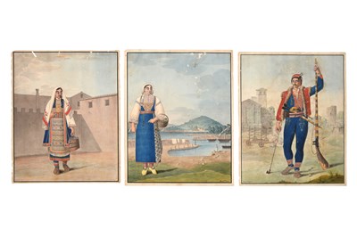 Lot 273 - THREE STANDING PORTRAITS OF VILLAGERS IN TRADITIONAL COSTUMES