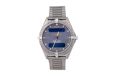 Lot 25 - A MEN'S BREITLING TITANIUM CHRONOGRAPH, ALAMR QUARTZ BRACELET WACTH