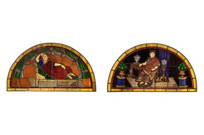 Lot 4 - TWO STAINED GLASS WINDOWS WITH EUROPEAN-STYLE INTERIOR SCENES
