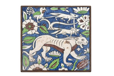 Lot 263 - A RARE CANTAGALLI OTTOMAN DAMASCUS-STYLE POTTERY TILE WITH WILD ANIMALS AND FLOWERS