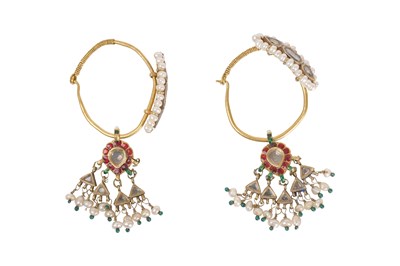 Lot 260 - A PAIR OF INDIAN GOLD HOOP EARRINGS WITH PEARLS AND RUBIES