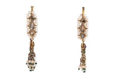 Lot 260 - A PAIR OF INDIAN GOLD HOOP EARRINGS WITH PEARLS AND RUBIES