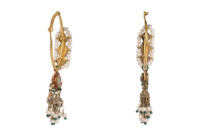 Lot 260 - A PAIR OF INDIAN GOLD HOOP EARRINGS WITH PEARLS AND RUBIES