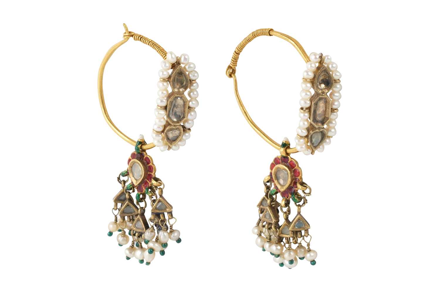 Lot 260 - A PAIR OF INDIAN GOLD HOOP EARRINGS WITH PEARLS AND RUBIES