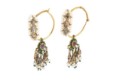 Lot 260 - A PAIR OF INDIAN GOLD HOOP EARRINGS WITH PEARLS AND RUBIES