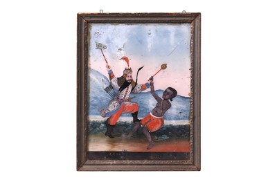 Lot 205 - A REVERSE GLASS PAINTING OF THE IRANIAN HERO RUSTAM SLAYING THE WHITE DIV
