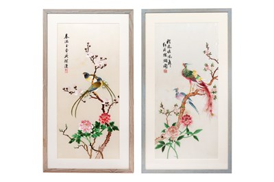 Lot 65 - A PAIR OF CHINESE EMBROIDERED SILK PANELS
