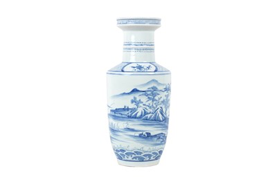 Lot 96 - A CHINESE BLUE AND WHITE 'LANDSCAPE' ROULEAU VASE