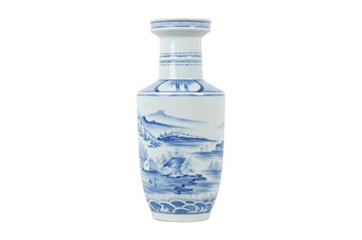 Lot 96 - A CHINESE BLUE AND WHITE 'LANDSCAPE' ROULEAU VASE
