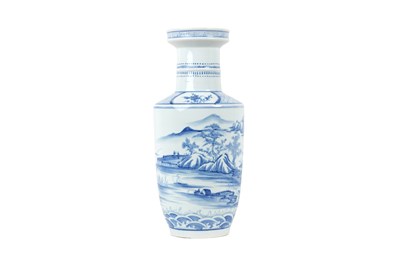Lot 96 - A CHINESE BLUE AND WHITE 'LANDSCAPE' ROULEAU VASE