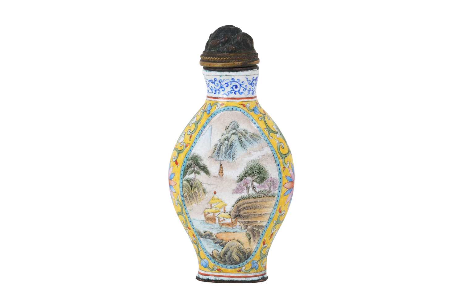 Lot 54 - A CHINESE YELLOW-GROUND ENAMELLED SNUFF BOTTLE