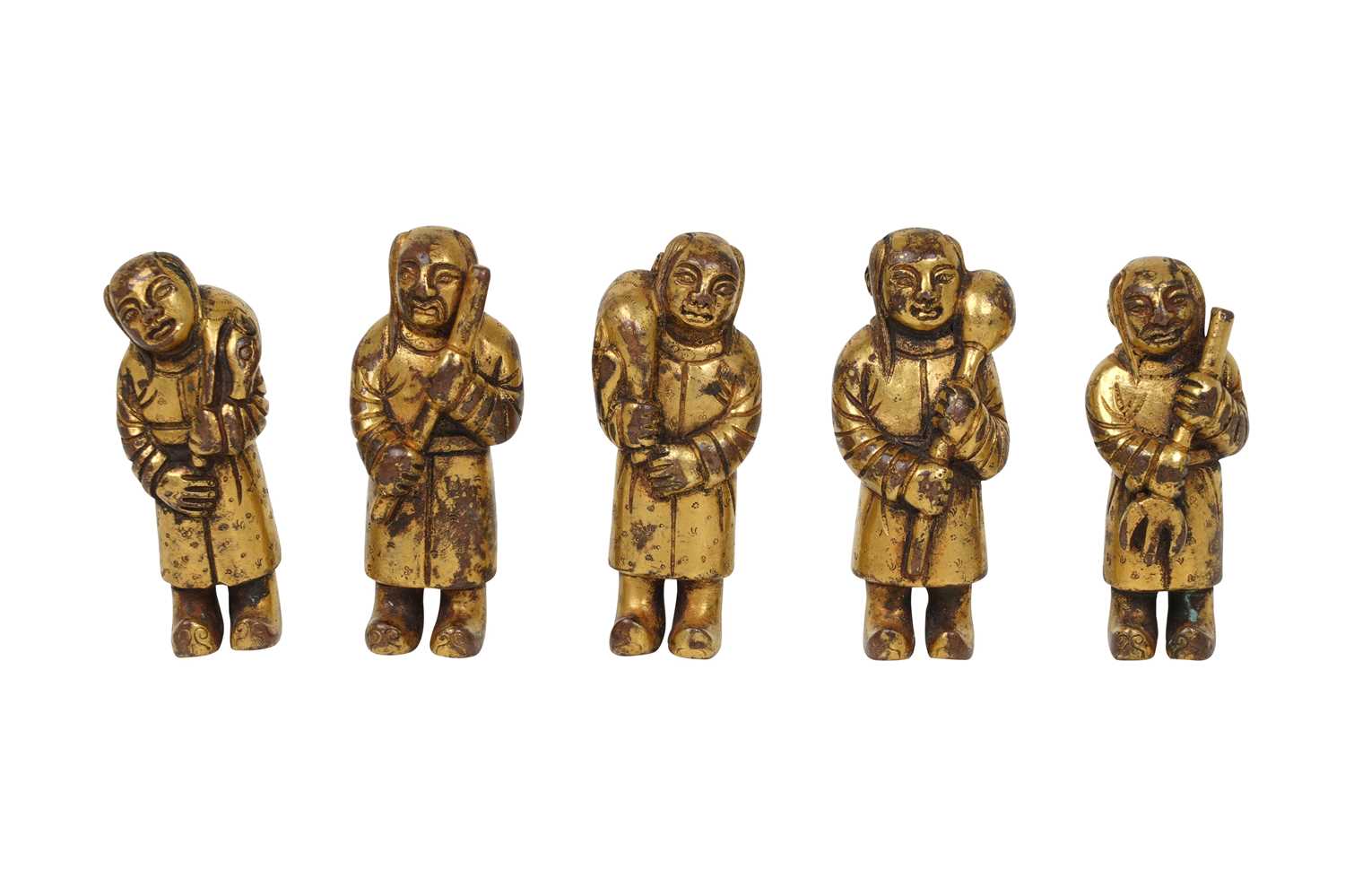 Lot 12 - A SET OF FIVE CHINESE GILT BRONZE FIGURES