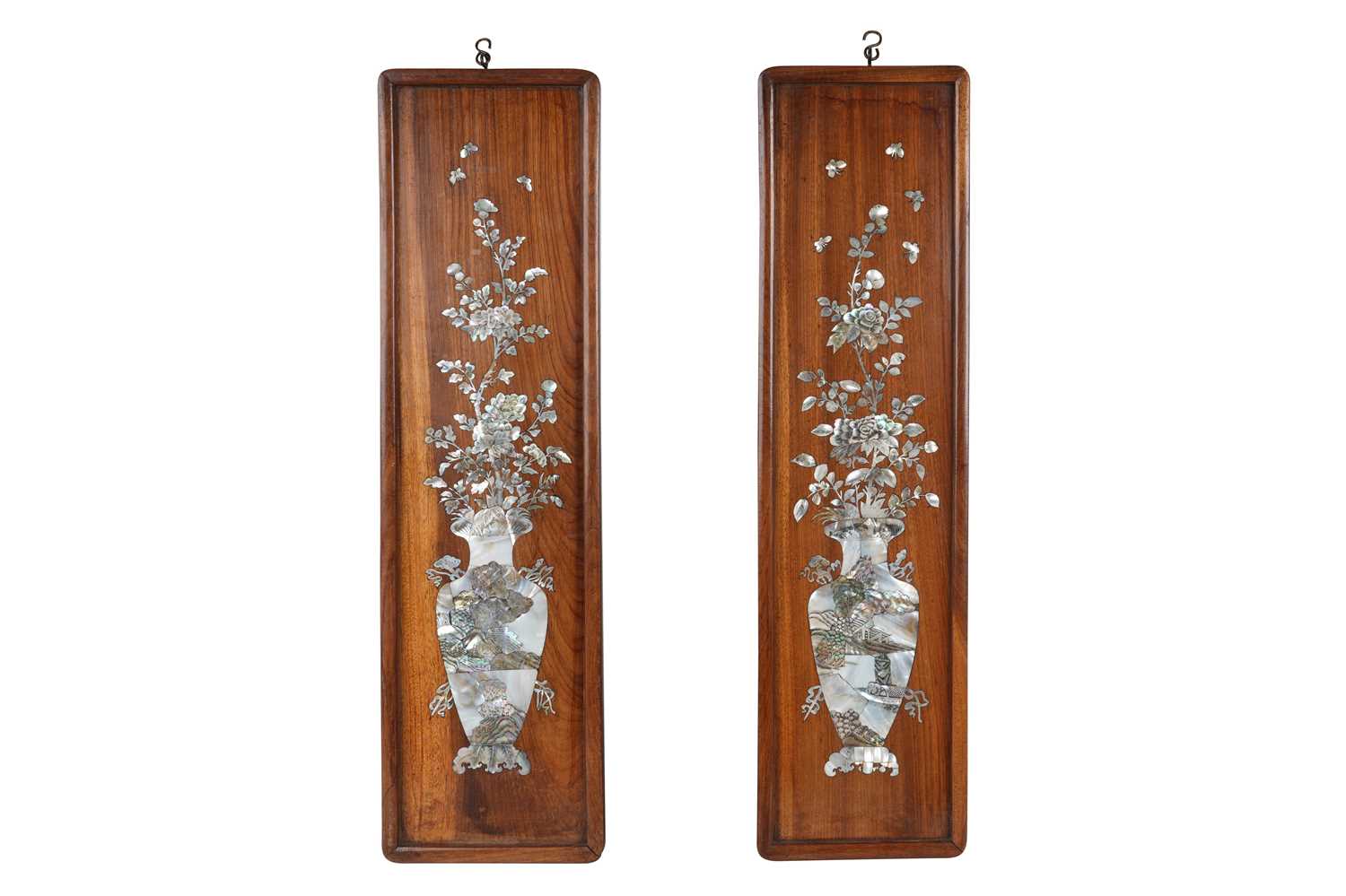 Lot 62 - A PAIR OF CHINESE HUALI MOTHER-OF-PEARL INLAID PANELS