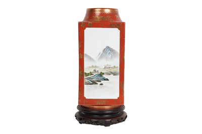 Lot 89 - A CHINESE FAMILLE ROSE CORAL-GROUND CONG-SHAPED 'LANDSCAPE' VASE