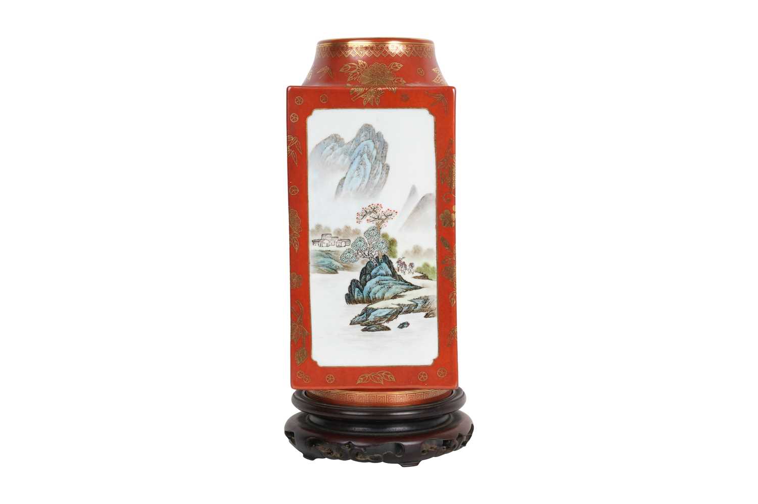 Lot 89 - A CHINESE FAMILLE ROSE CORAL-GROUND CONG-SHAPED 'LANDSCAPE' VASE