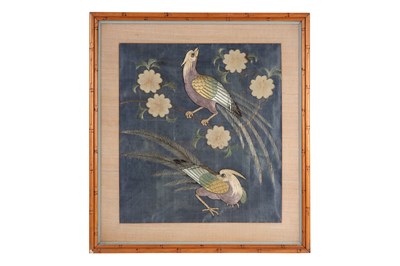 Lot 50 - A CHINESE EMBROIDERED PANEL AND A TEXTILE-DECORATED FIGURAL PANEL