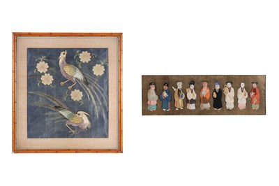 Lot 207 - A CHINESE EMBROIDERED PANEL AND A TEXTILE-DECORATED FIGURAL PANEL