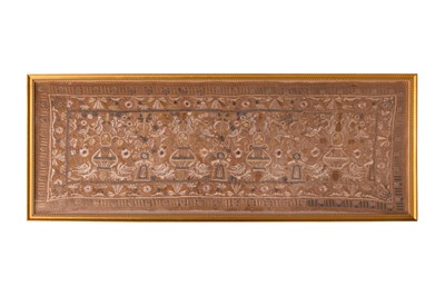 Lot 275 - A GREEK EMBROIDERED PANEL WITH MAIDENS AND AVIARY MOTIFS