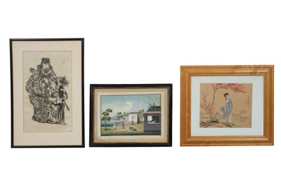 Lot 49 - A CHINESE RICE PAPER PAINTING OF SILK PRODUCTION AND TWO OTHER PICTURES