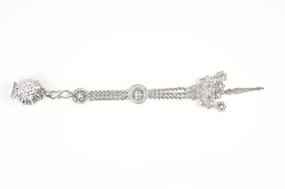Lot 231 - AN INDIAN SILVER LIME PASTE CONTAINER WITH HANGING CHAINLET AND MEASURING SPOON