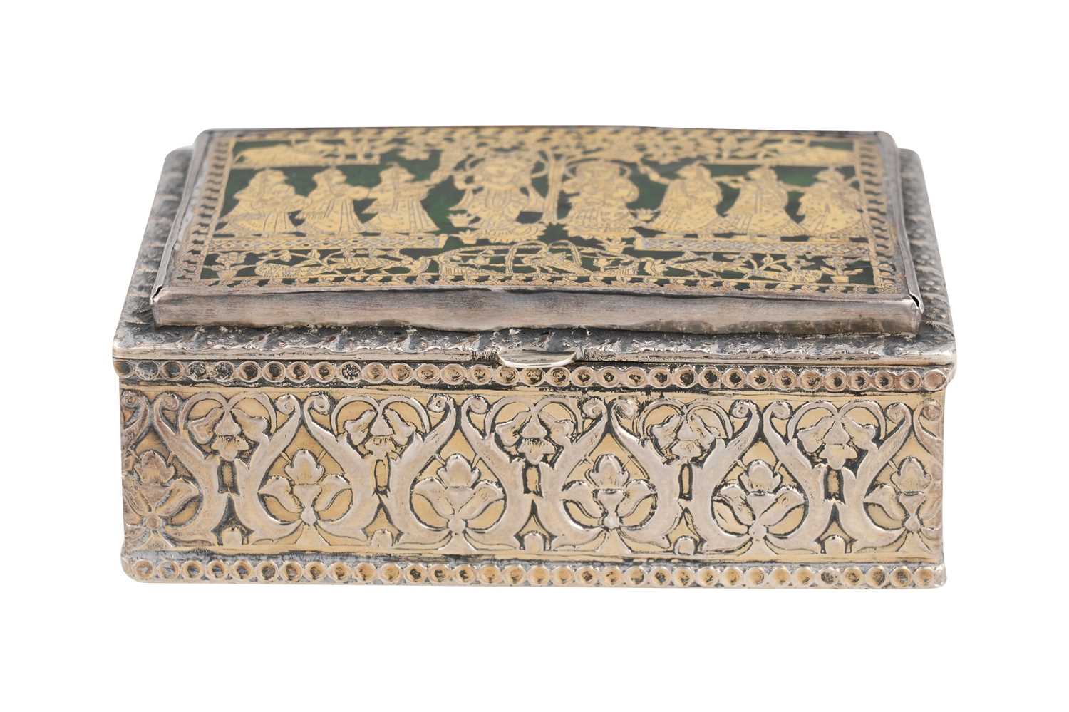 Lot 225 - A PRATAPGARH THEWA PARCEL-GILT SILVER BOX WITH STAINED GLASS AND FIGURAL GOLD LEAF DECORATION