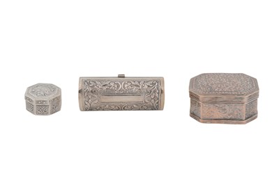 Lot 248 - THREE SMALL SOUTH EAST ASIAN SILVER REPOUSSÉ SNUFFBOXES