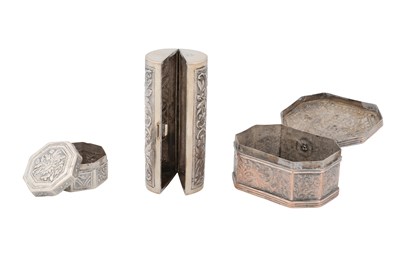 Lot 248 - THREE SMALL SOUTH EAST ASIAN SILVER REPOUSSÉ SNUFFBOXES
