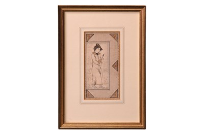 Lot 203 - AN ARCHAISTIC SAFAVID-REVIVAL PORTRAIT OF A CUPBEARER (SAQI)