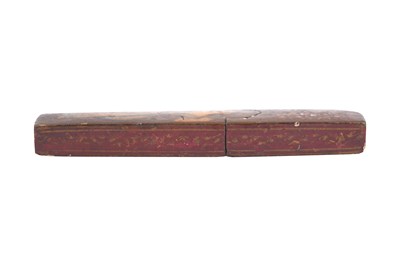 Lot 105 - A QAJAR LACQUERED PAPIER-MÂCHÉ PEN CASE (QALAMDAN) AND A SPECTACLE CASE WITH QAJAR BEAUTIES