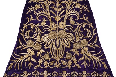 Lot 270 - A FINE OTTOMAN METAL-THREAD EMBROIDERED PURPLE VELVET BRIDAL ROBE WITH MATCHING HAT