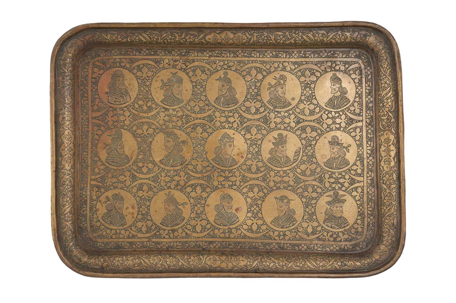 Lot 201 - A PERSIAN ARCHAISTIC ENGRAVED BRASS TRAY