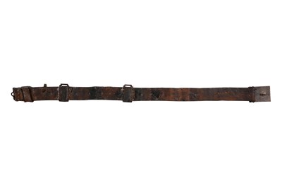 Lot 215 - A SAFAVID LEATHER BELT WITH STEEL BUCKLE AND OPENWORK BRASS FITTINGS