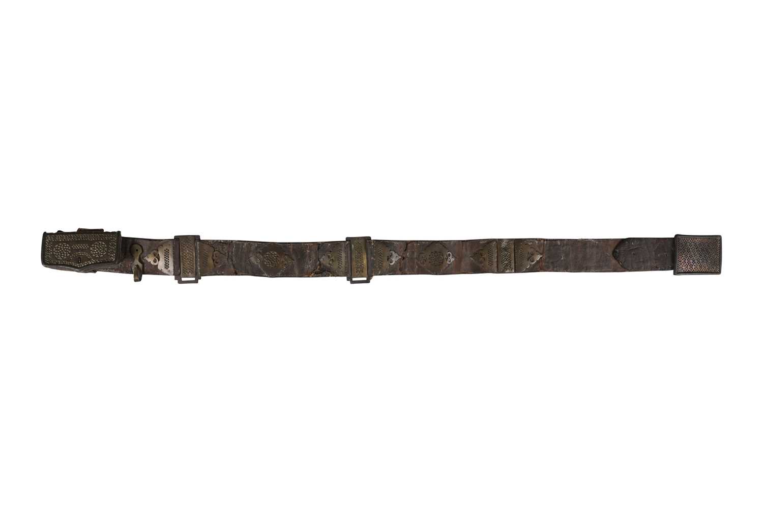 Lot 215 - A SAFAVID LEATHER BELT WITH STEEL BUCKLE AND OPENWORK BRASS FITTINGS