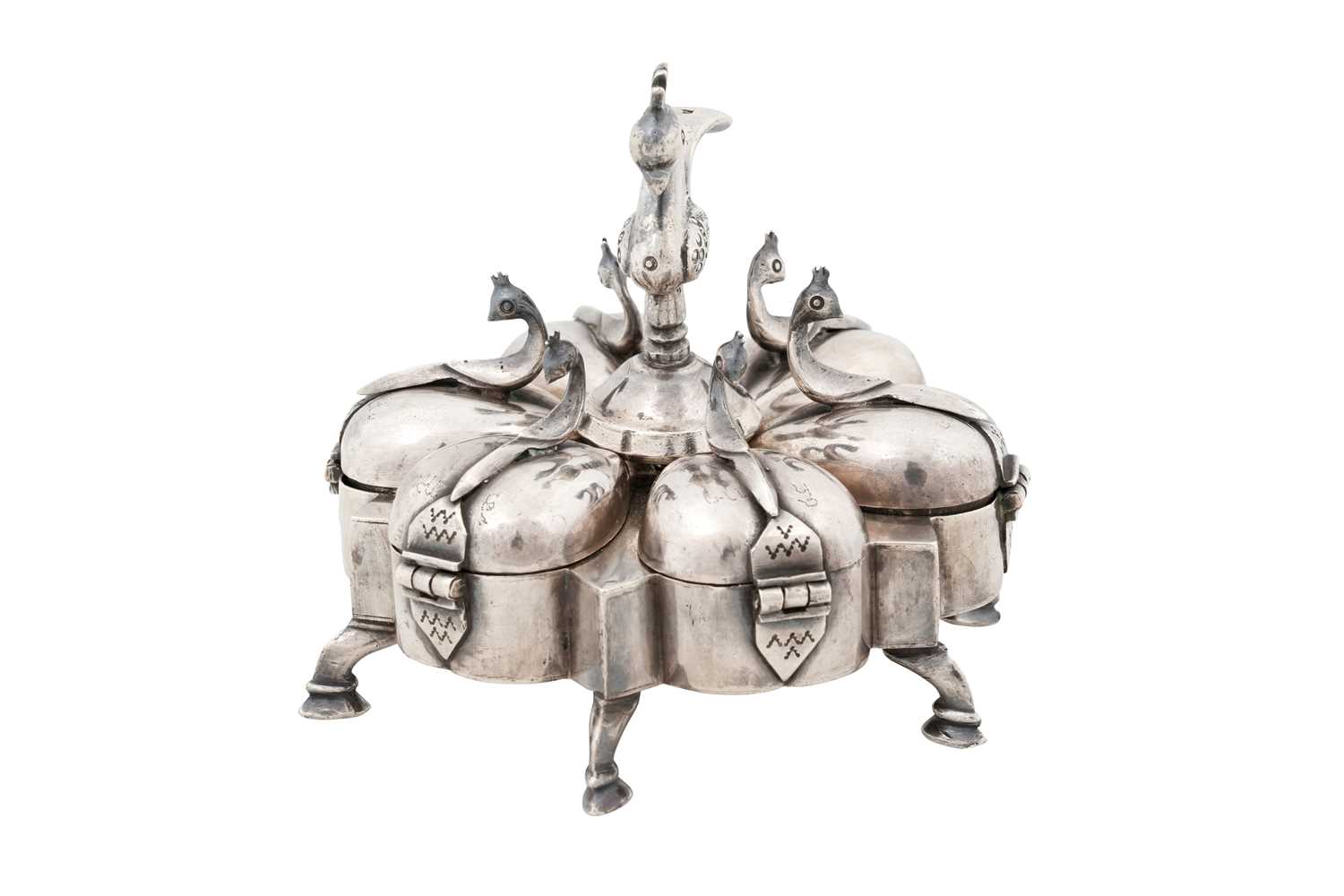 Lot 221 - AN INDIAN SILVER MASALADAN SPICE CONTAINER WITH PEACOCKS