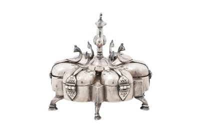 Lot 221 - AN INDIAN SILVER MASALADAN SPICE CONTAINER WITH PEACOCKS