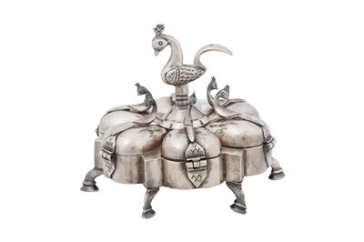 Lot 221 - AN INDIAN SILVER MASALADAN SPICE CONTAINER WITH PEACOCKS