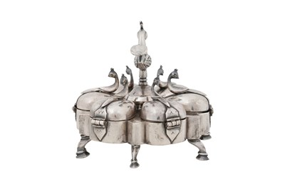 Lot 221 - AN INDIAN SILVER MASALADAN SPICE CONTAINER WITH PEACOCKS
