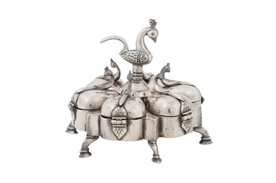 Lot 221 - AN INDIAN SILVER MASALADAN SPICE CONTAINER WITH PEACOCKS