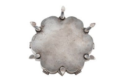 Lot 221 - AN INDIAN SILVER MASALADAN SPICE CONTAINER WITH PEACOCKS