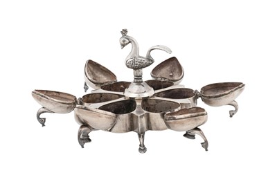 Lot 221 - AN INDIAN SILVER MASALADAN SPICE CONTAINER WITH PEACOCKS