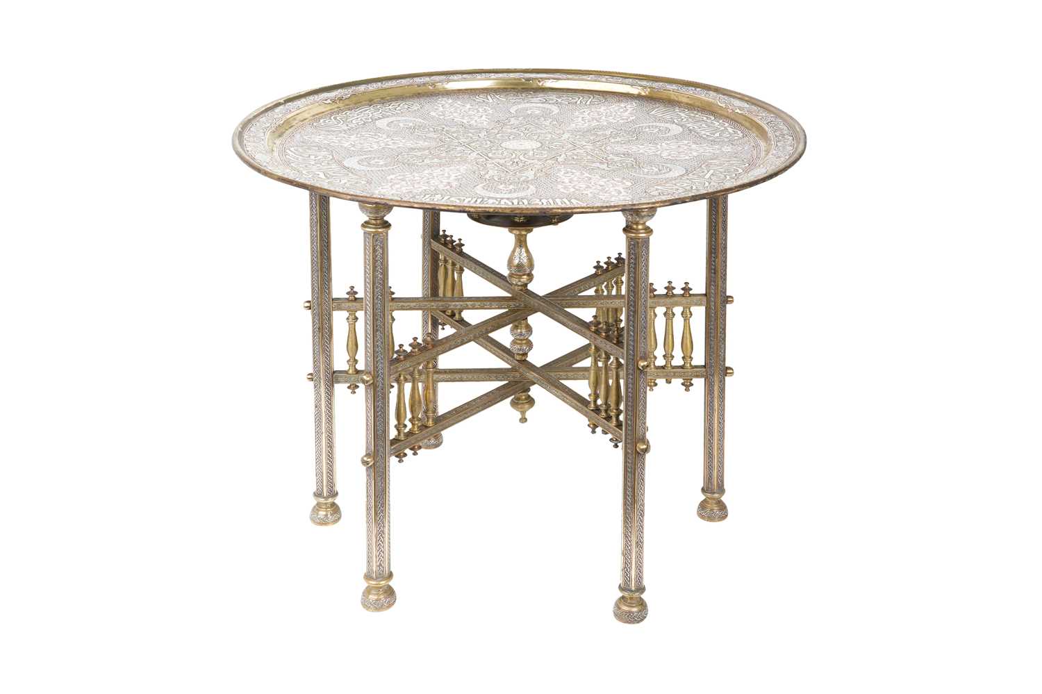 Lot 193 - A MAMLUK-REVIVAL DAMASCUS-WARE SILVER AND COPPER-INLAID BRASS OCCASIONAL TABLE