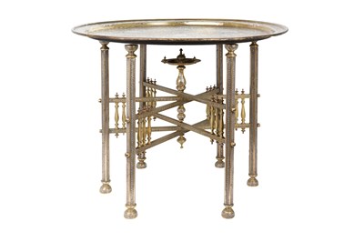 Lot 193 - A MAMLUK-REVIVAL DAMASCUS-WARE SILVER AND COPPER-INLAID BRASS OCCASIONAL TABLE