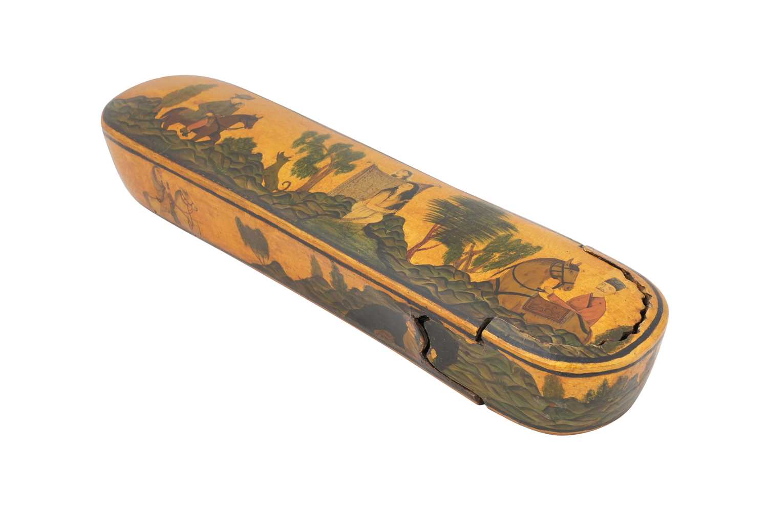 Lot 110 - A LACQUERED PAPIER-MÂCHÉ PEN CASE (QALAMDAN) WITH SCENES FROM NIZAMI’S KHOSROW O SHIRIN