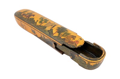 Lot 110 - A LACQUERED PAPIER-MÂCHÉ PEN CASE (QALAMDAN) WITH SCENES FROM NIZAMI’S KHOSROW O SHIRIN