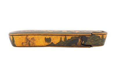 Lot 110 - A LACQUERED PAPIER-MÂCHÉ PEN CASE (QALAMDAN) WITH SCENES FROM NIZAMI’S KHOSROW O SHIRIN