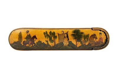Lot 110 - A LACQUERED PAPIER-MÂCHÉ PEN CASE (QALAMDAN) WITH SCENES FROM NIZAMI’S KHOSROW O SHIRIN